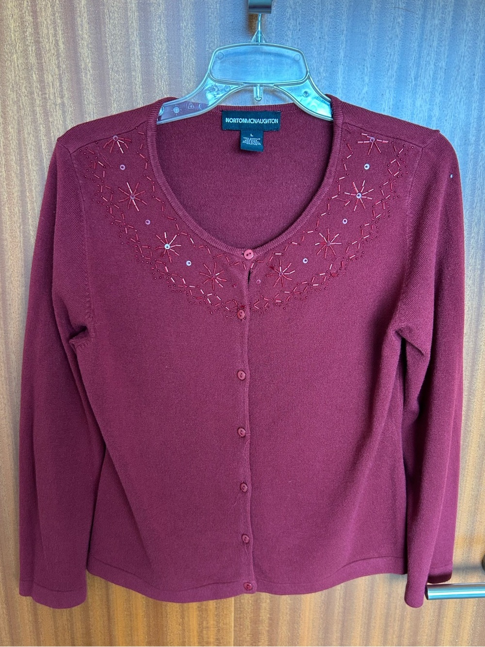 Norton McNaughton Burgundy Embroidered Button-Front Cardigan